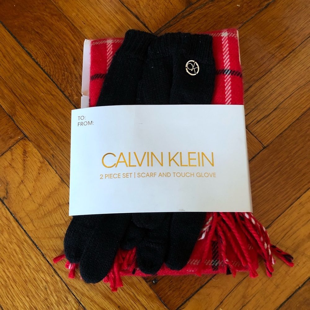 Calvin Klein Plaid Scarf and Knit Touch Glove 2 Piece Set, Red